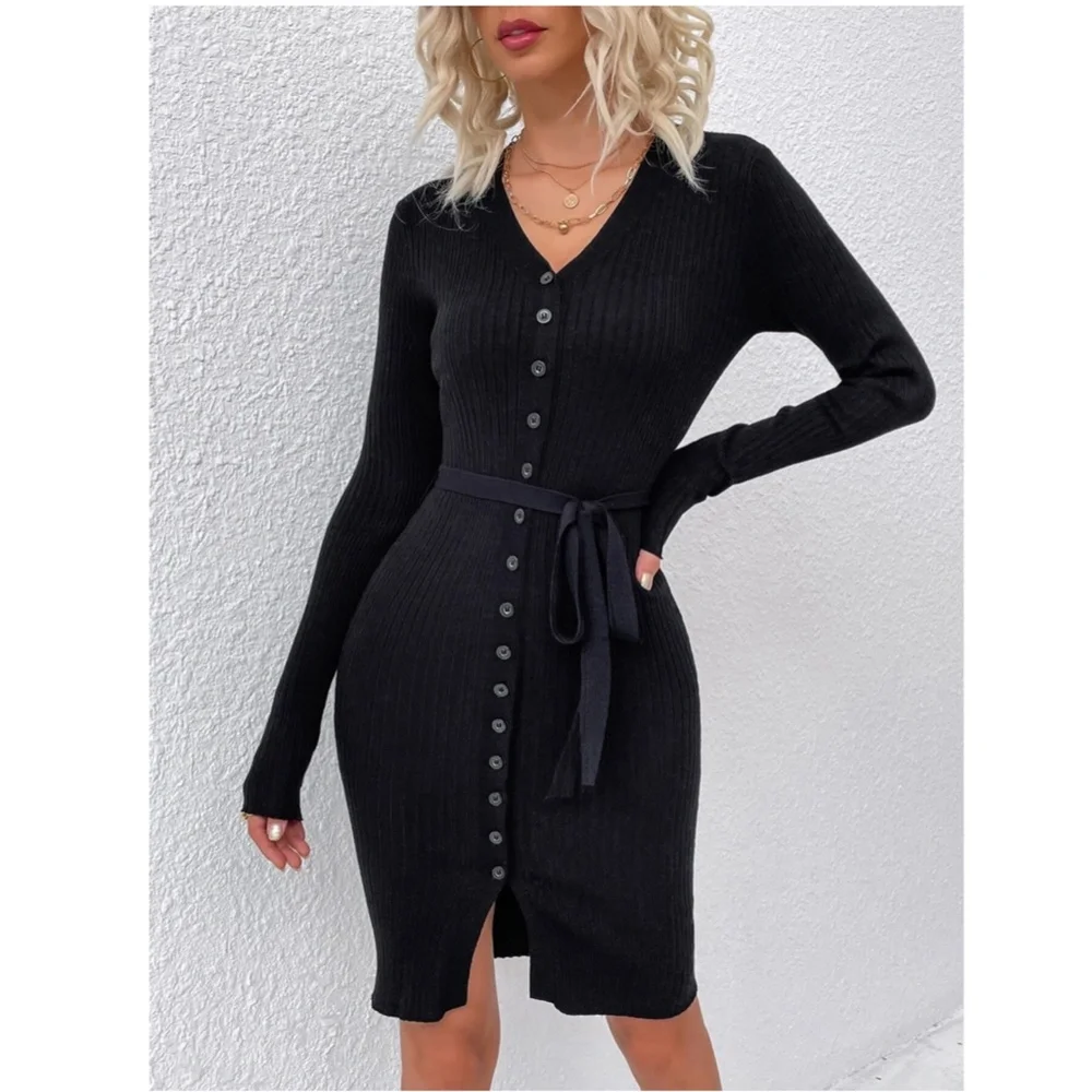 Belted Knit Black Button Through Long Sleeve Dress Knee Length - Picture 5 of 6